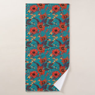 Rustic Red and Teal Floral Pattern Bath Towel