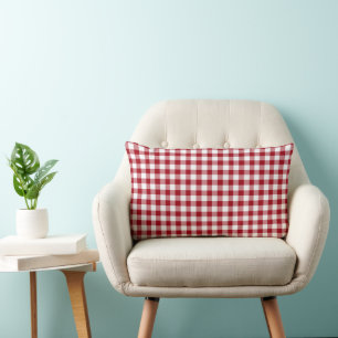 Rustic Red And White Gingham Checks Pattern Lumbar Pillow
