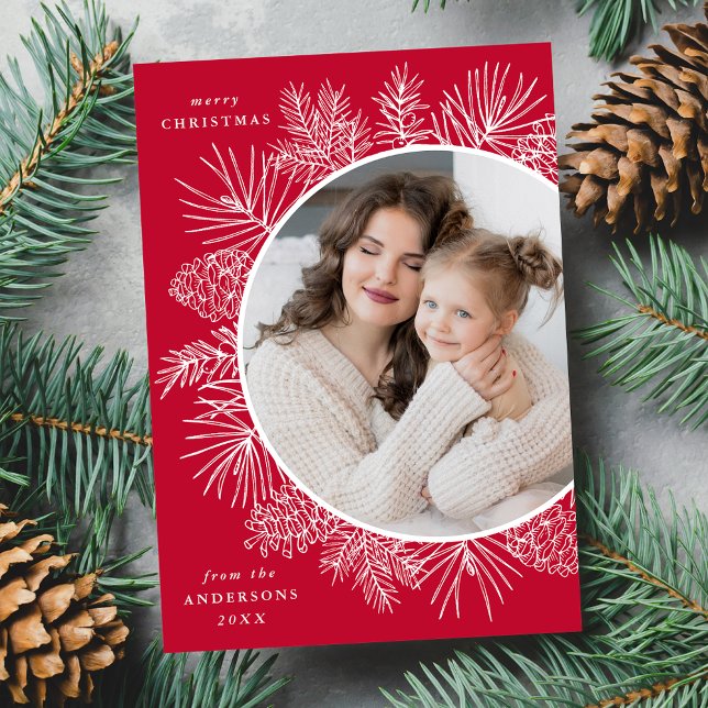 Rustic Red and White Pinecones Photo Holiday Card (Creator Uploaded)
