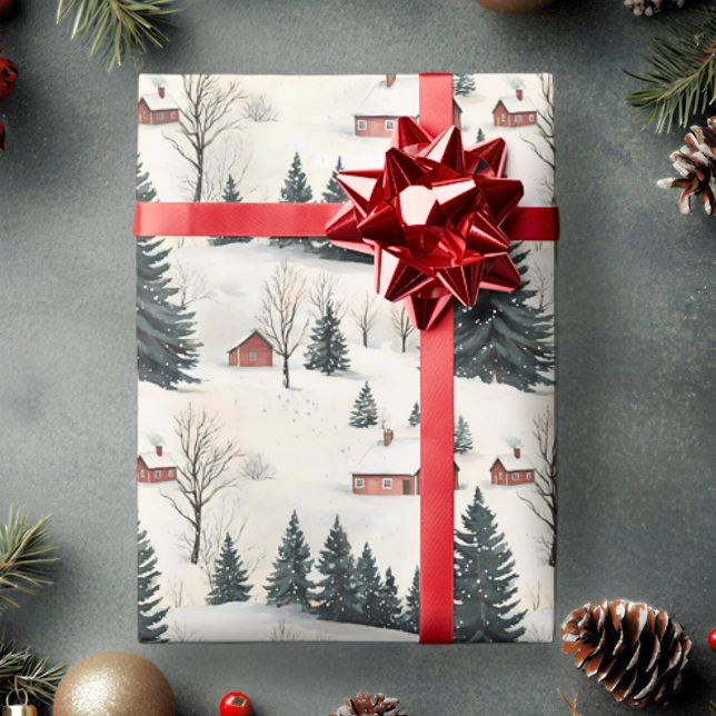 Rustic Red and White Snowy Village Wrapping Paper (Rustic Woodland Village Christmas Wrapping Paper)