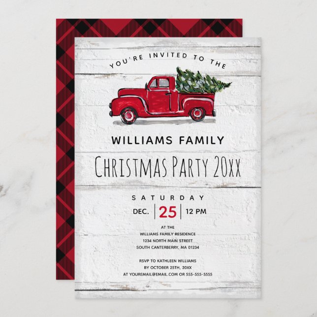 Rustic Red Antique Camion Arbre de Noël Invitation (Devant / Derrière)