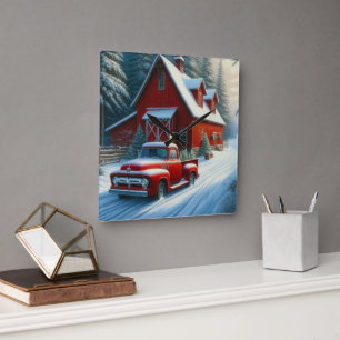 Rustic Red Barn and Vintage Truck Square Wall Clock