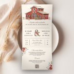Rustic Red Barn Country Farm QR Code Wedding Tri-Fold Invitation<br><div class="desc">Amaze your guests with this elegant farm theme all in one wedding invite featuring a beautiful red barn house and modern typography with QR Code for online RSVP. Simply add your event details on this easy-to-use template and adorn this card with your favourite photos to make it a one-of-a-kind invitation....</div>