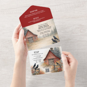 Rustic Red Barn, Crows, Farmstead Rural Wedding   All In One Invitation