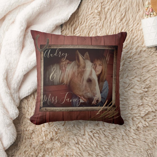 Rustic Red Barn Personalized Photo & Text Throw Pillow (Blanket)