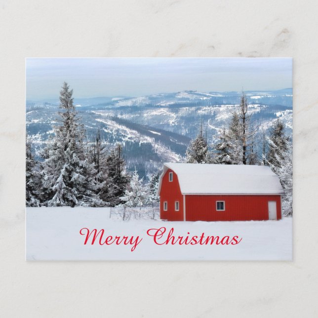 Rustic Red Barn Snow Christmas Winter Holiday Postcard (Front)