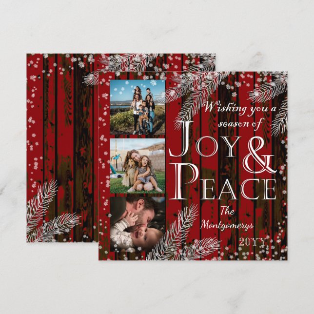 Rustic Red Barn Snow Pine Joy and Peace Holiday  Card (Front/Back)