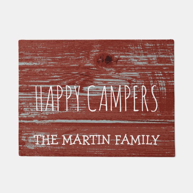 Rustic Red Barn Wood Camping |  Happy Campers Name Doormat (Front)