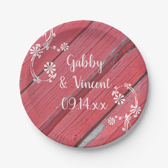 Rustic Red Barn Wood Country Wedding Paper Plate (Front)