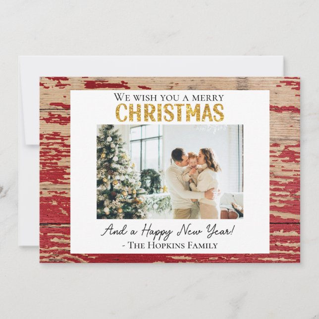 Rustic Red Barn Wood Custom Photo Christmas Card (Front)