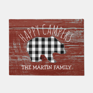 Rustic Red Barn Wood Monogram Bear   Happy Campers Doormat