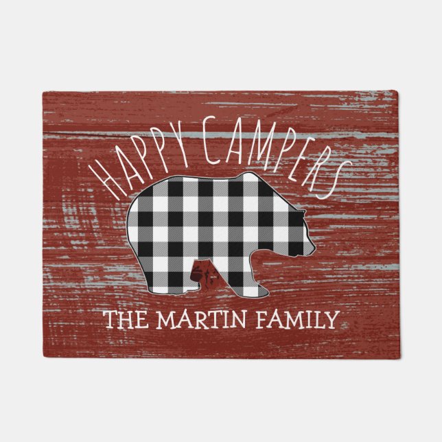 Rustic Red Barn Wood Monogram Bear | Happy Campers Doormat (Front)