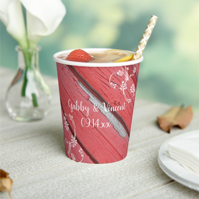 Rustic Red Barn Wood White Flowers Country Wedding Paper Cups (Insitu)