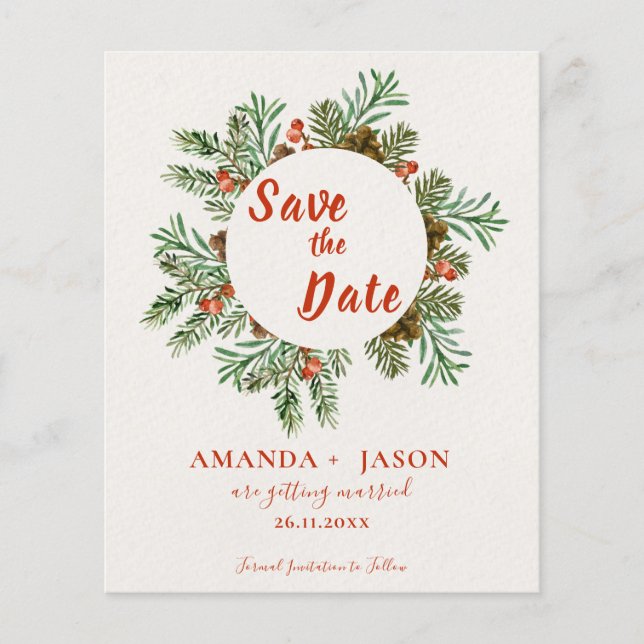 Rustic Red Berries Christmas Wedding Save the Date (Front)
