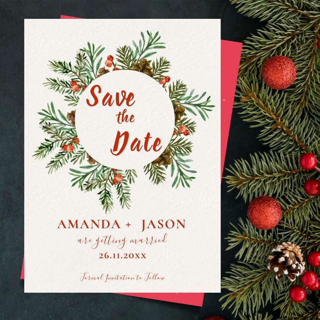 Rustic Red Berries Christmas Wedding Save the Date (Rustic Red Berries Christmas Wedding Save the Date)