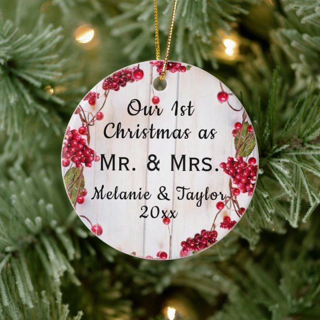 Rustic Red Berries First Christmas Photo Ceramic Ornament (Tree)
