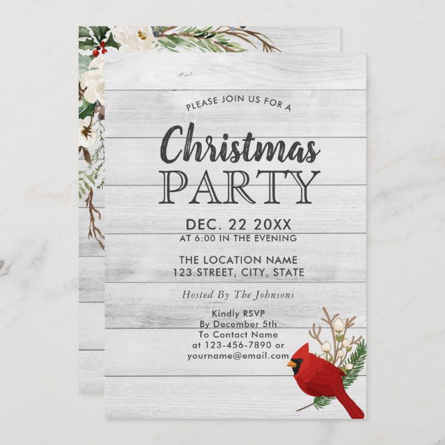 Rustic Red Bird Holly Wood Holiday Party Invitation (Front/Back)