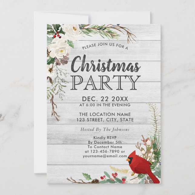 Rustic Red Bird Winter Greenery Wood Holiday Party Invitation (Front)