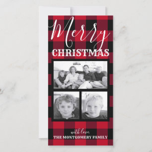 Rustic Red Black Buffalo Check Christmas 3 Photos Holiday Card