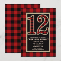 Rustic Red Black Buffalo Plaid 12th 12 Birthday