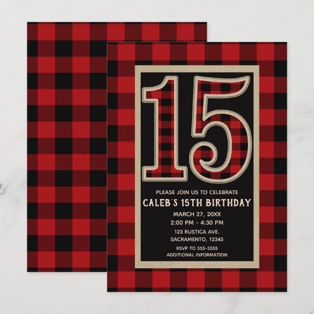 Rustic Red Black Buffalo Plaid 15th 15 Birthday Invitation (Front/Back)