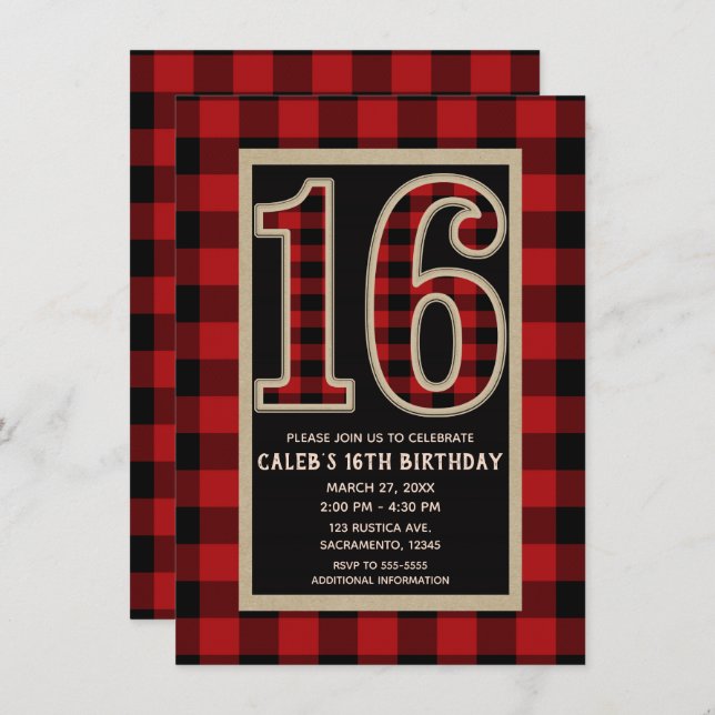Rustic Red Black Buffalo Plaid 16th 16 Birthday Invitation (Front/Back)