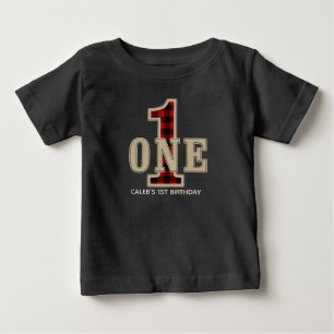 Rustic Red Black Buffalo Plaid 1st Birthday Party Baby T-Shirt