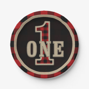 Rustic Red Black Buffalo Plaid 1st Birthday Party Paper Plate