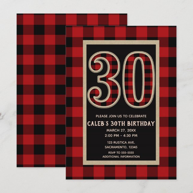 Rustic Red Black Buffalo Plaid 30th 30 Birthday Invitation (Front/Back)