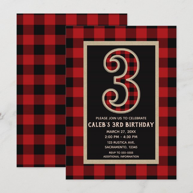 Rustic Red Black Buffalo Plaid 3RD Birthday Party Invitation (Front/Back)