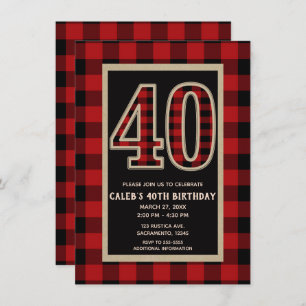 Rustic Red Black Buffalo Plaid 40th 40 Birthday Invitation