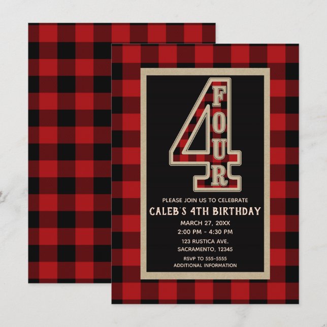 Rustic Red Black Buffalo Plaid 4th Birthday Party Invitation (Front/Back)