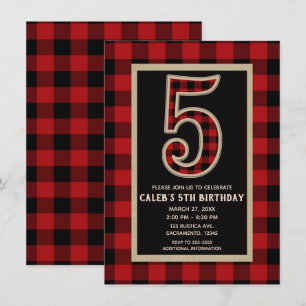 Rustic Red Black Buffalo Plaid 5th Birthday Party Invitation