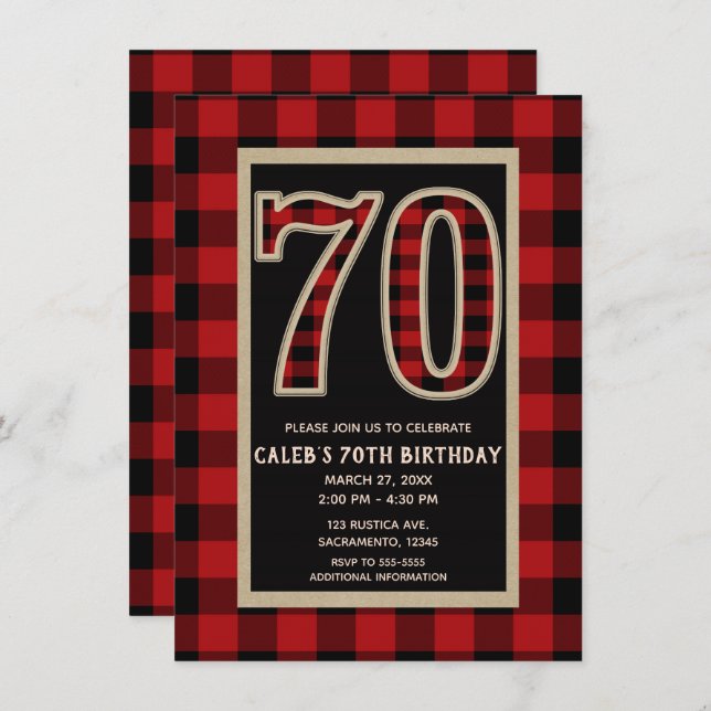 Rustic Red Black Buffalo Plaid 70th 70 Birthday Invitation (Front/Back)