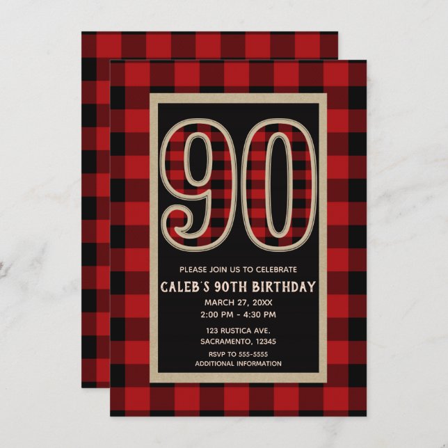 Rustic Red Black Buffalo Plaid 90th 90 Birthday Invitation (Front/Back)
