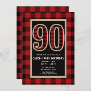 Rustic Red Black Buffalo Plaid 90th 90 Birthday Invitation