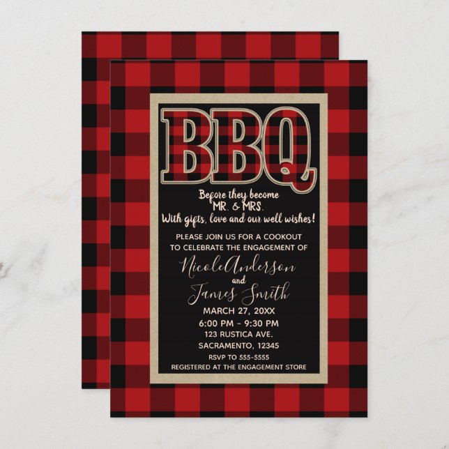 Rustic Red Black Buffalo Plaid BBQ Barbecue Invitation (Front/Back)