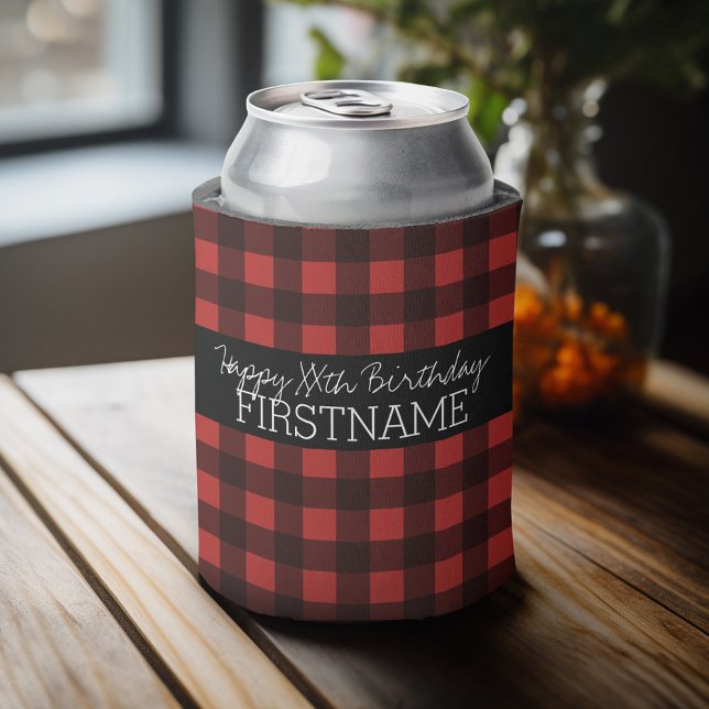 Rustic Red & Black Buffalo Plaid Birthday Party Can Cooler (Personalized Can Cooler - Add Custom Text or Name)