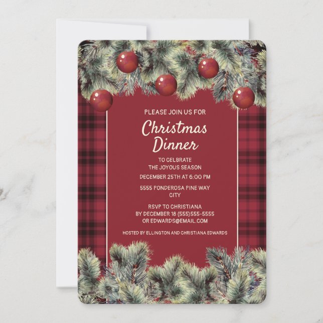 Rustic Red Black Buffalo Plaid Christmas Dinner Invitation (Front)