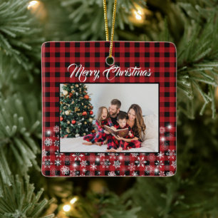 Rustic Red Black Buffalo Plaid Family Photo Ceramic Ornament
