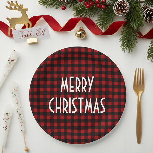 Rustic Red & Black Buffalo Plaid Merry Christmas Paper Plate