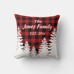 Rustic red black buffalo plaid, minimalist trees throw pillow