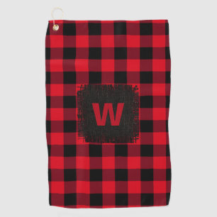 Rustic Red Black Buffalo Plaid Monogram Initial Golf Towel