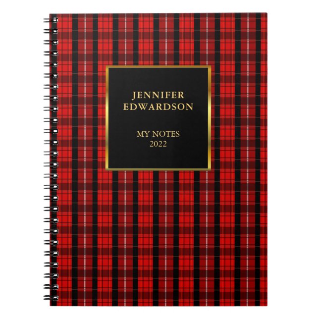 Rustic red black buffalo plaid monogram name notebook (Front)