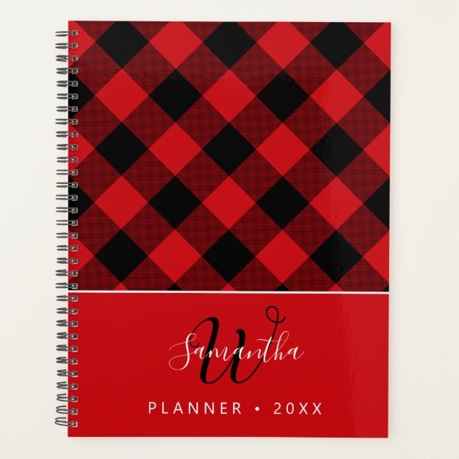 Rustic Red Black Buffalo Plaid Monogrammed 2025 Planner (Front)
