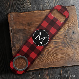 Rustic Red & Black Buffalo Plaid Pattern Monogram Bar Key