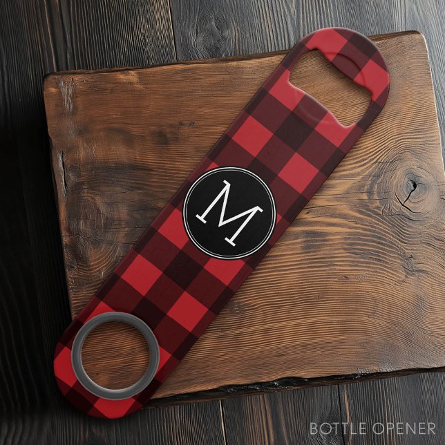 Rustic Red & Black Buffalo Plaid Pattern Monogram Bar Key (Custom Bar Key)