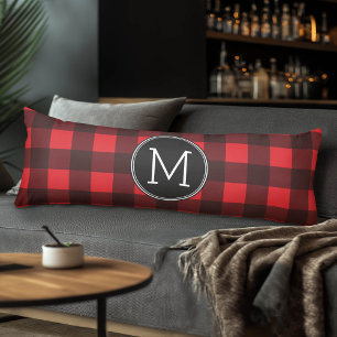 Rustic Red & Black Buffalo Plaid Pattern Monogram Body Pillow