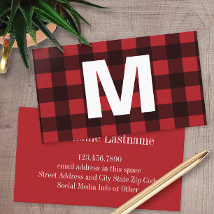 Rustic Red & Black Buffalo Plaid Pattern Monogram Calling Card