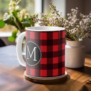 Rustic Red Black Buffalo Plaid Pattern Monogram Coffee Mug